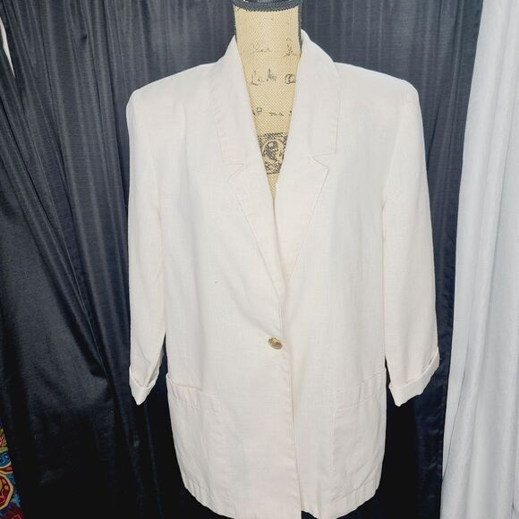 Vintage 90s Neutral Minimalist Beige Lightweight Long Fall Blazer - Picture 13 of 16